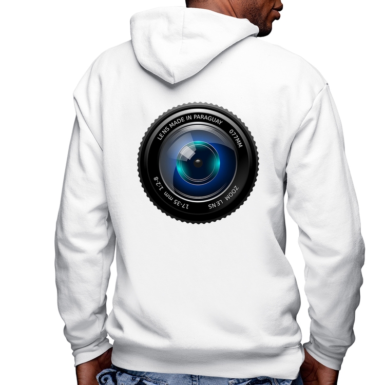 Blusa Moletom Lente Câmera Masculina com Capuz e Zíper - Branca