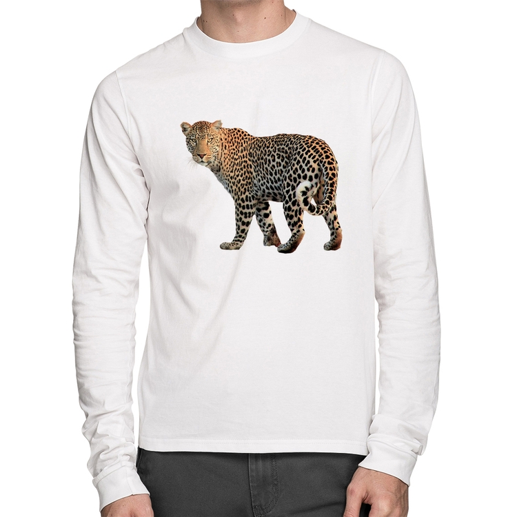 Camiseta Algodão Leopardo Manga Longa - Branca
