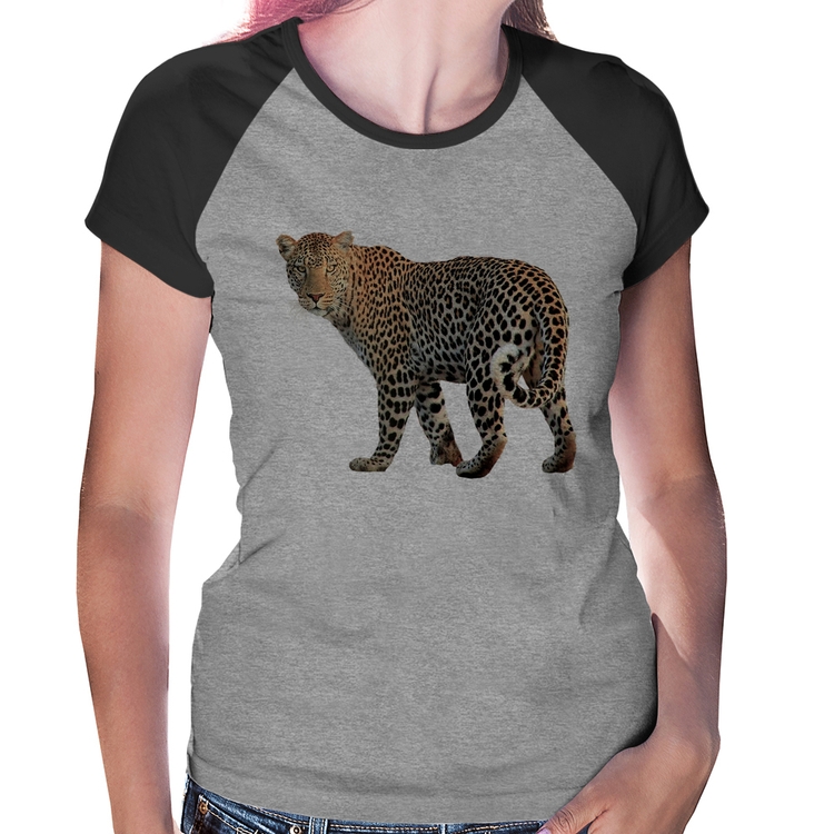 Baby Look Raglan Leopardo - Cinza/Preto