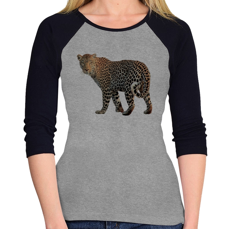 Baby Look Raglan Leopardo Manga 3/4 - Cinza/Preto