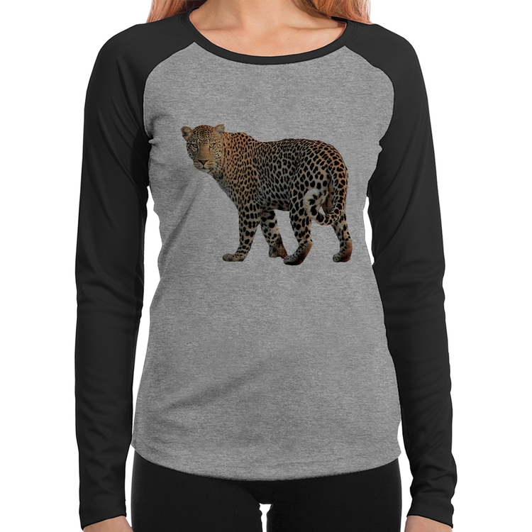 Baby Look Raglan Leopardo Manga Longa - Cinza/Preto