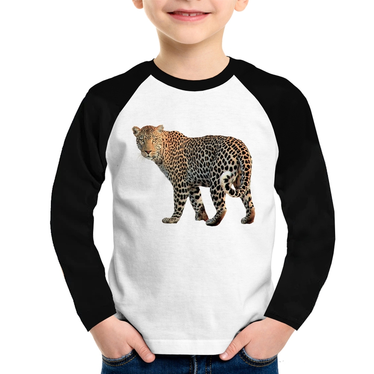 Camiseta Raglan Infantil Leopardo Manga Longa