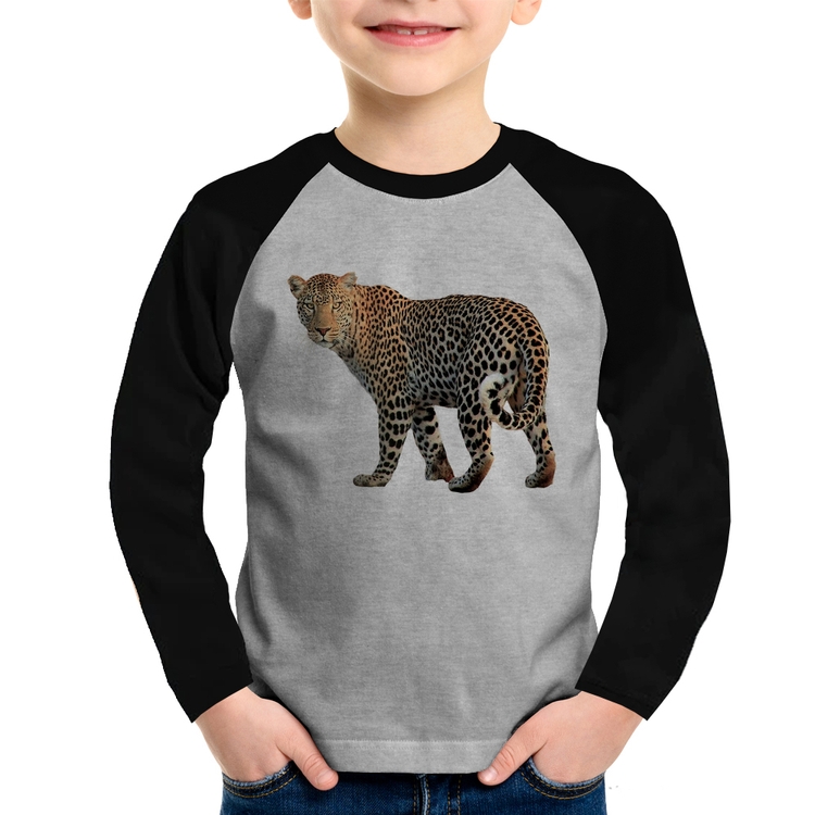 Camiseta Raglan Infantil Leopardo Manga Longa - Cinza/Preto