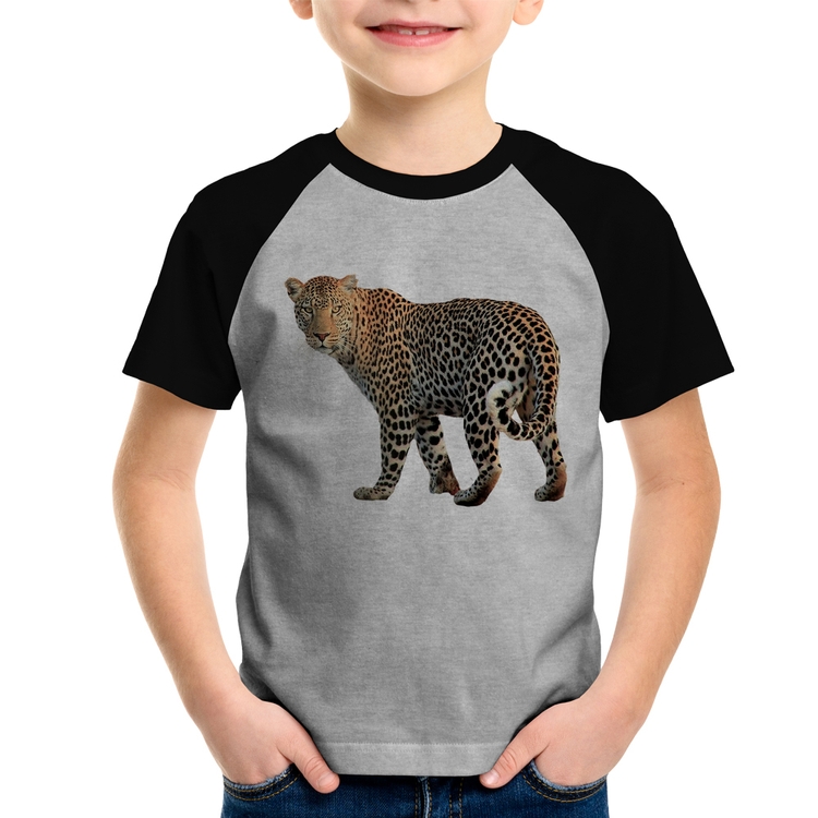 Camiseta Raglan Infantil Leopardo - Cinza/Preto