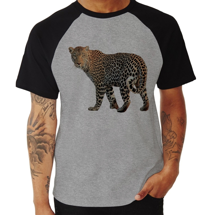Camiseta Raglan Leopardo - Cinza/Preto