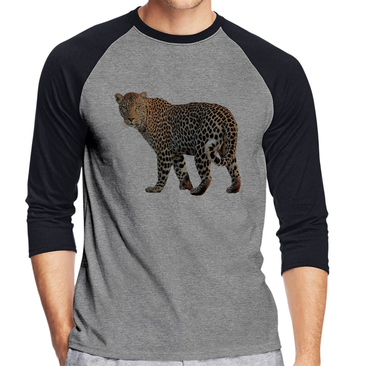 Camiseta Raglan Leopardo Manga 3/4 - Cinza/Preto