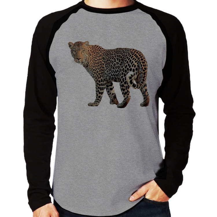 Camiseta Raglan Leopardo Manga Longa - Cinza/Preto