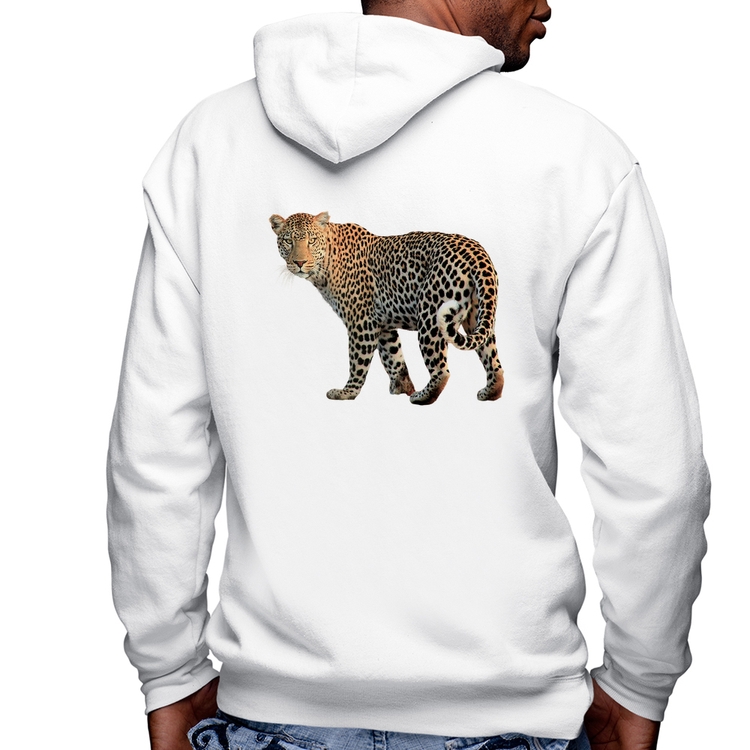 Blusa Moletom Leopardo Masculina com Capuz e Zíper - Branca