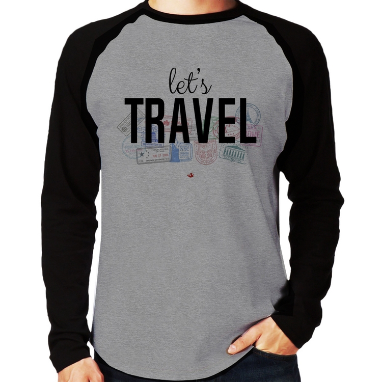 Camiseta Raglan Let's Travel Manga Longa - Cinza/Preto