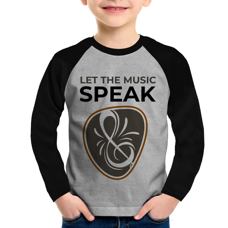 Camiseta Raglan Infantil Let the music speak Manga Longa - Cinza/Preto