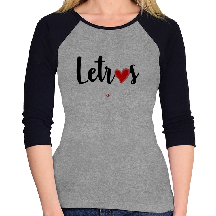 Baby Look Raglan Letras por amor Manga 3/4 - Cinza/Preto