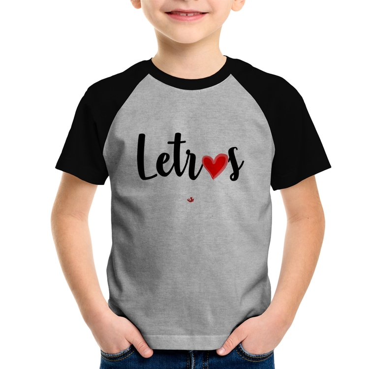 Camiseta Raglan Infantil Letras por amor - Cinza/Preto
