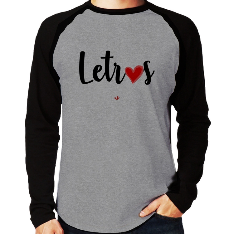 Camiseta Raglan Letras por amor Manga Longa - Cinza/Preto