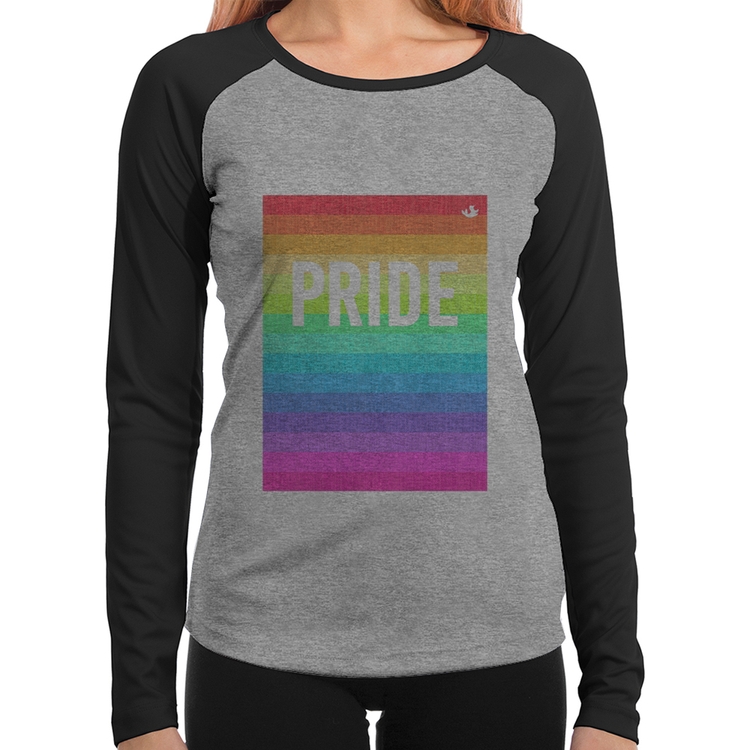 Baby Look Raglan LGBT Pride - Arco-íris Orgulho Manga Longa - Cinza/Preto