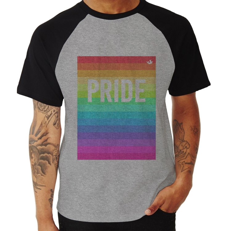 Camiseta Raglan LGBT Pride - Arco-íris Orgulho - Cinza/Preto