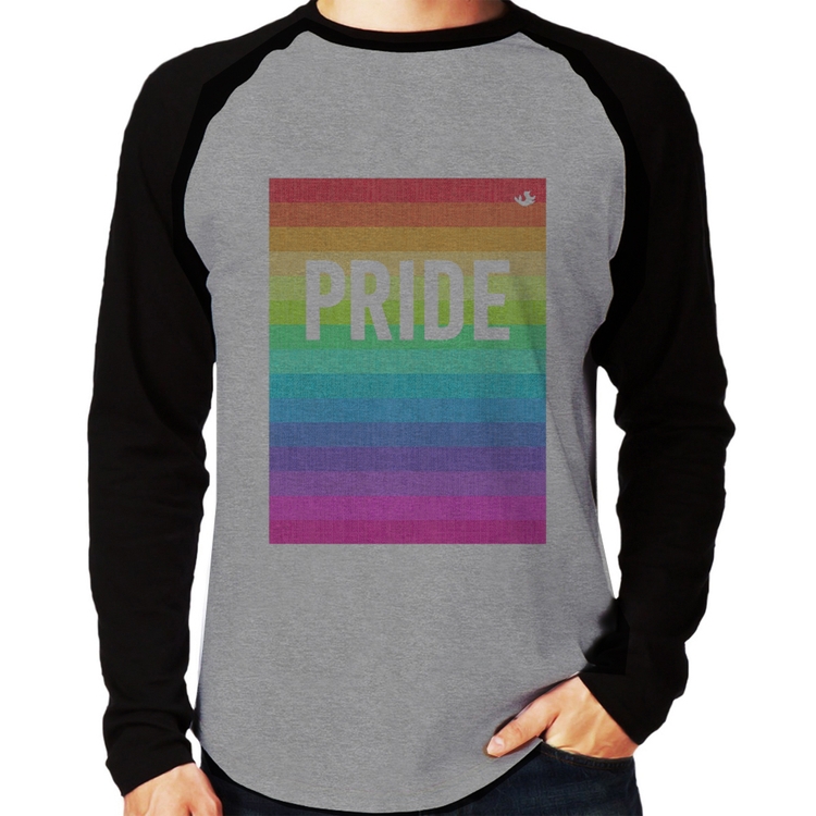 Camiseta Raglan LGBT Pride - Arco-íris Orgulho Manga Longa - Cinza/Preto