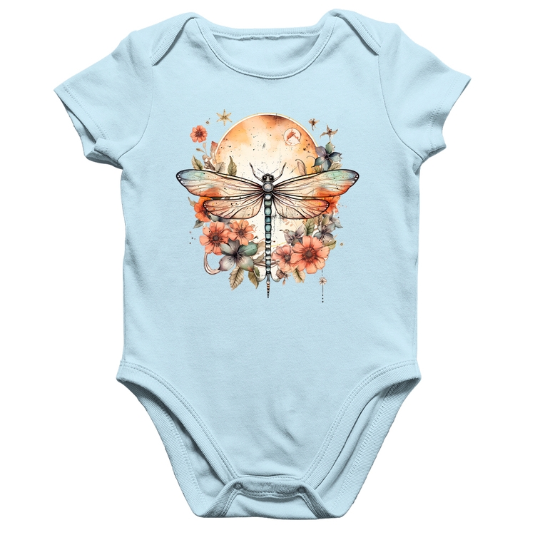 Body Bebê Algodão Libélula, Lua e Flores - Azul Bebê