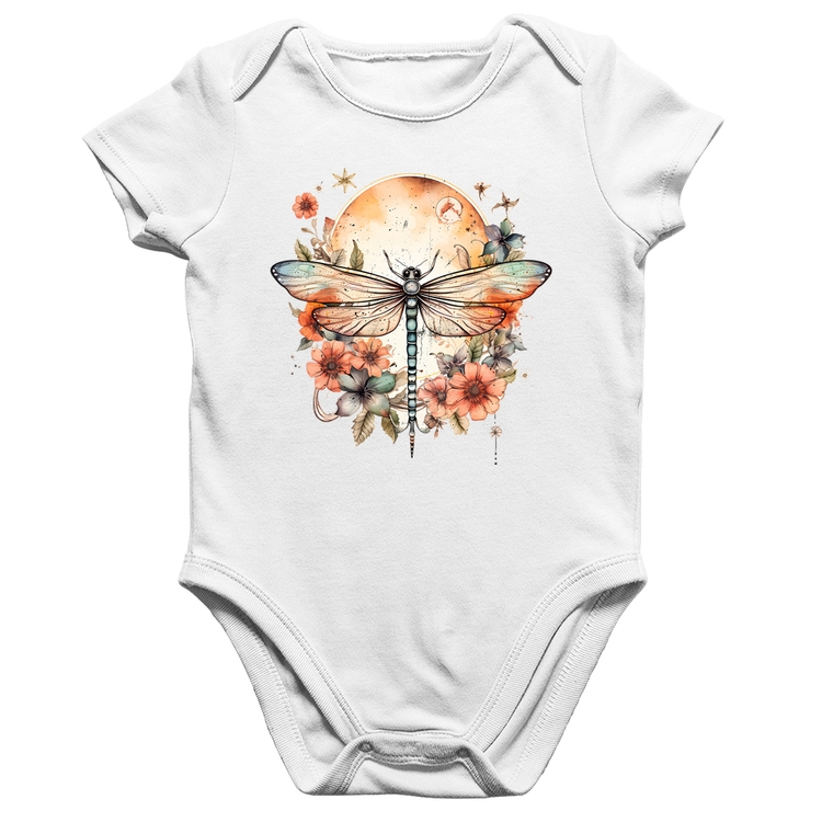 Body Bebê Algodão Libélula, Lua e Flores - Branco