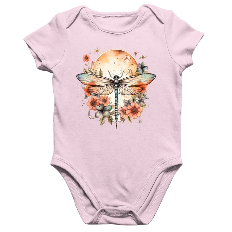 Body Bebê Algodão Libélula, Lua e Flores - Rosa Bebê