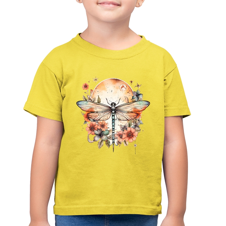 Camiseta Algodão Infantil Libélula, Lua e Flores - Amarelo Canário