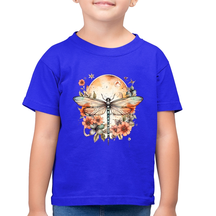 Camiseta Algodão Infantil Libélula, Lua e Flores - Azul Royal
