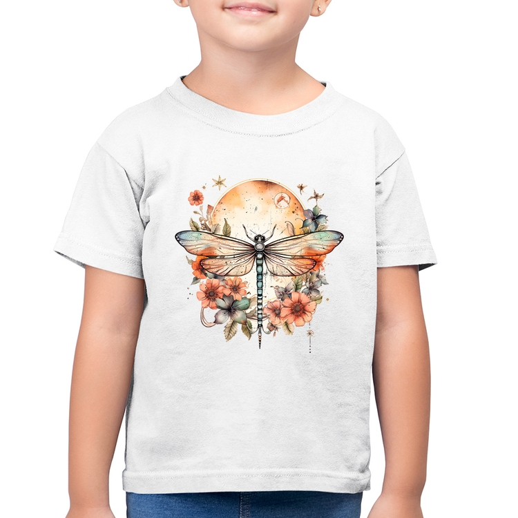 Camiseta Algodão Infantil Libélula, Lua e Flores - Branca
