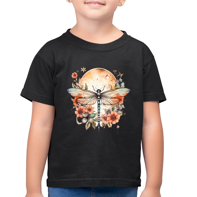 Camiseta Algodão Infantil Libélula, Lua e Flores