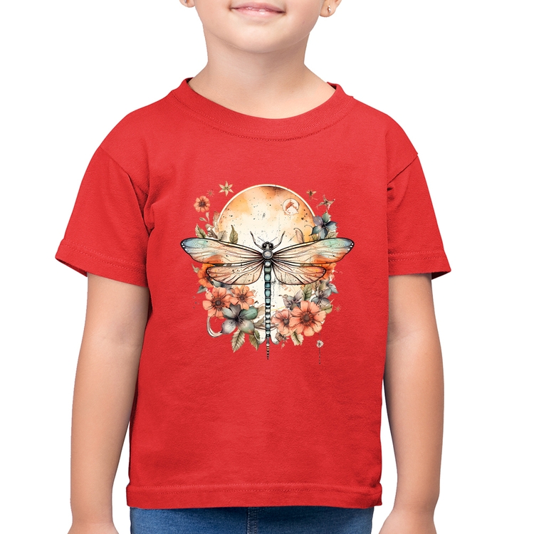 Camiseta Algodão Infantil Libélula, Lua e Flores - Vermelha