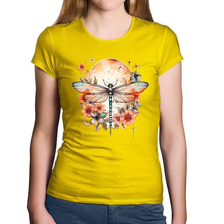 Baby Look Algodão Libélula, Lua e Flores - Amarela