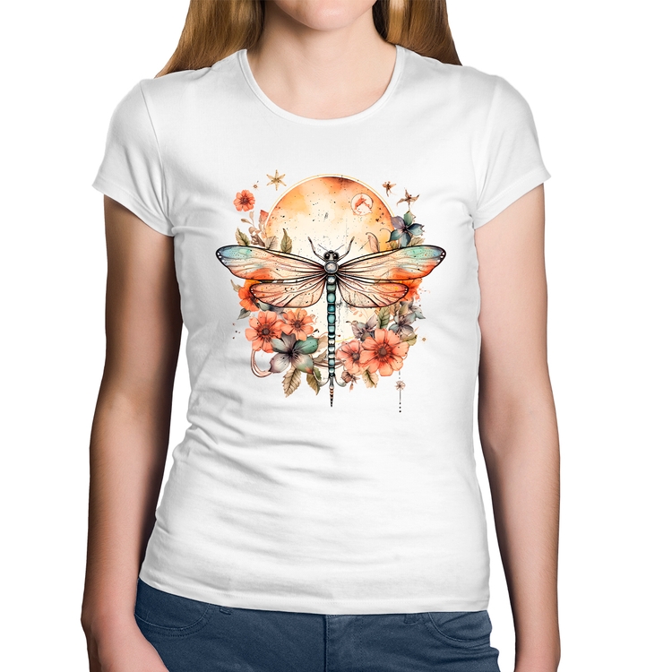 Baby Look Algodão Libélula, Lua e Flores - Branca