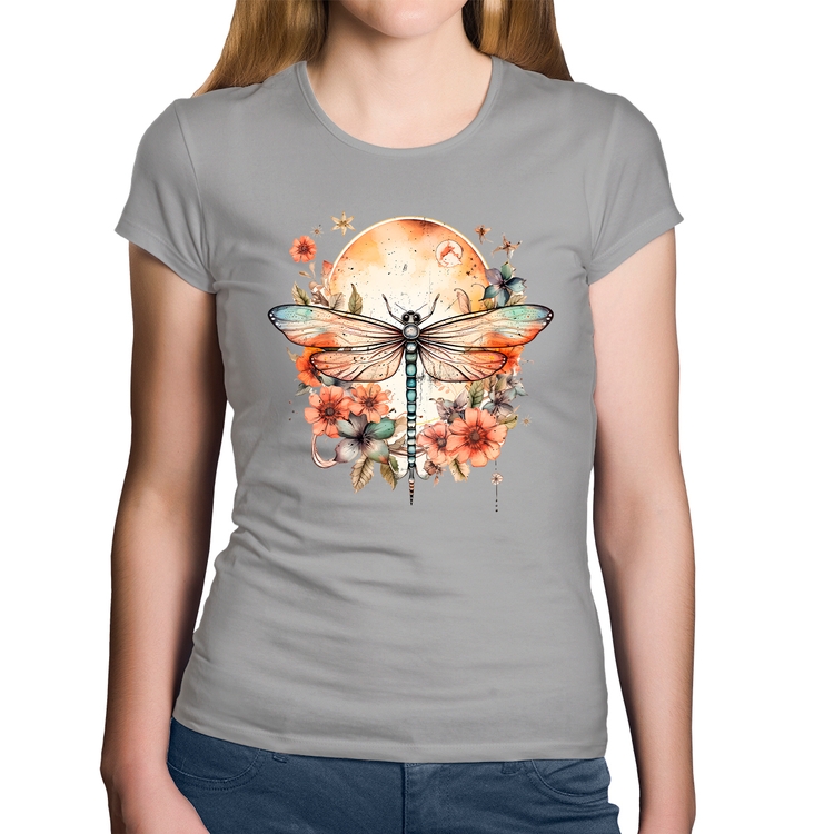 Baby Look Algodão Libélula, Lua e Flores - Cinza