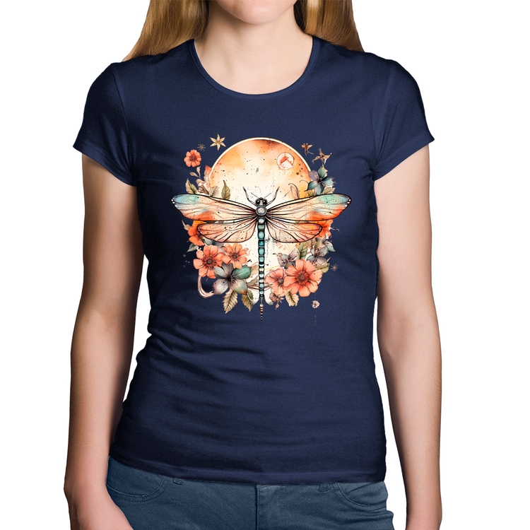 Baby Look Algodão Libélula, Lua e Flores - Marinho