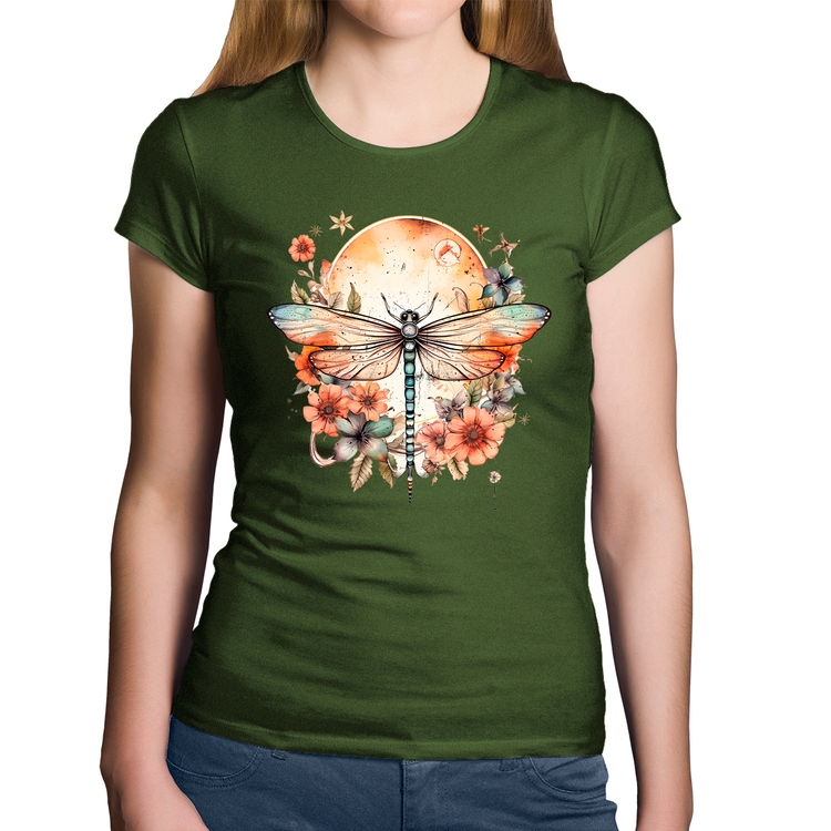 Baby Look Algodão Libélula, Lua e Flores - Musgo