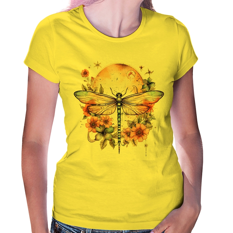 Baby Look Libélula, Lua e Flores - Amarela