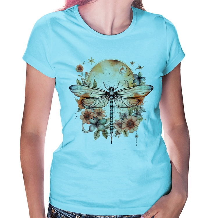 Baby Look Libélula, Lua e Flores - Azul Bebê