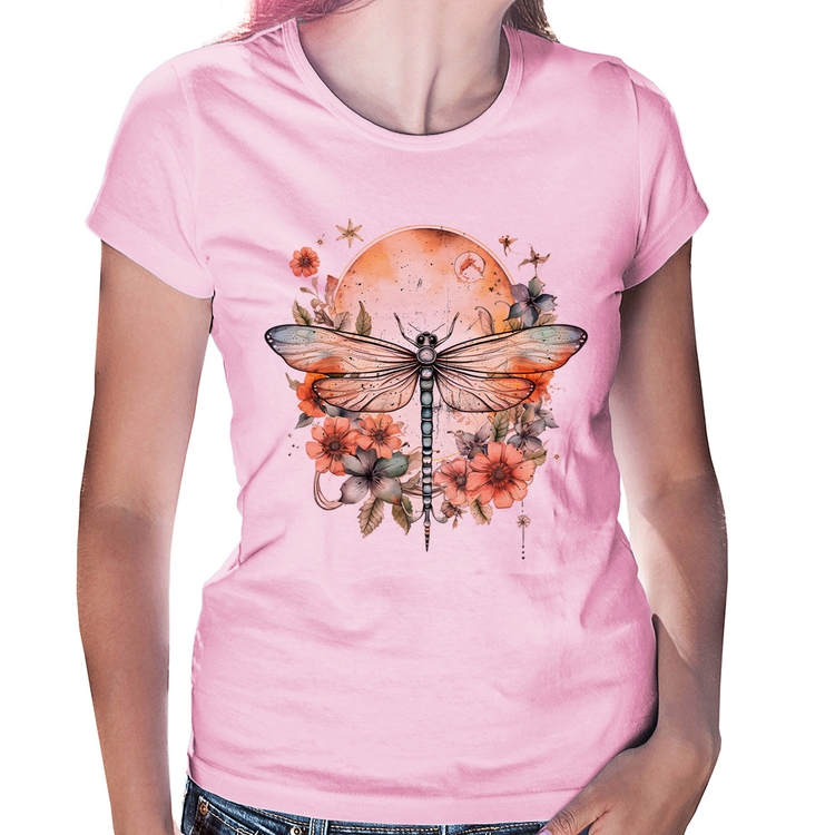 Baby Look Libélula, Lua e Flores - Rosa Bebê