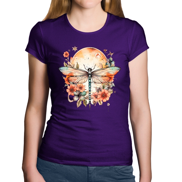 Baby Look Algodão Libélula, Lua e Flores - Roxa