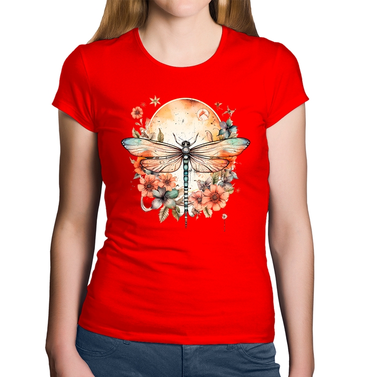 Baby Look Algodão Libélula, Lua e Flores - Vermelha