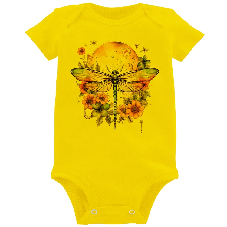 Body Bebê Libélula, Lua e Flores - Amarelo