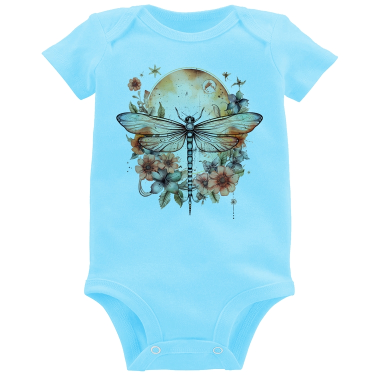 Body Bebê Libélula, Lua e Flores - Azul Bebê
