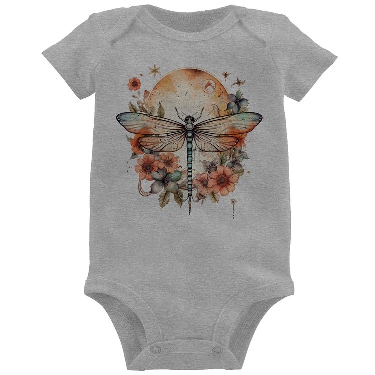 Body Bebê Libélula, Lua e Flores - Cinza