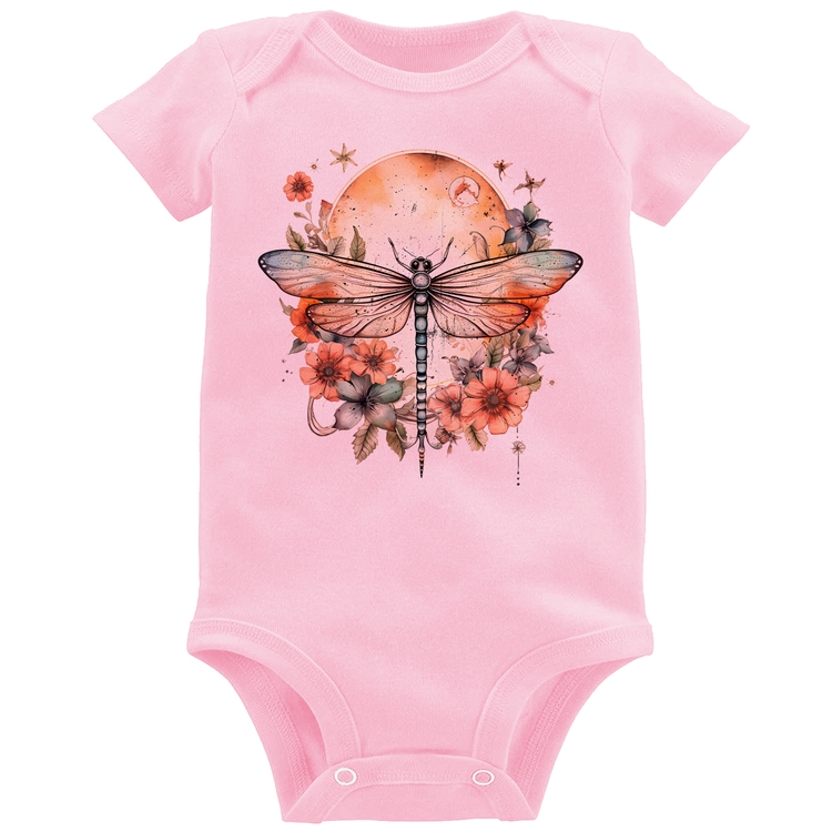 Body Bebê Libélula, Lua e Flores - Rosa Bebê