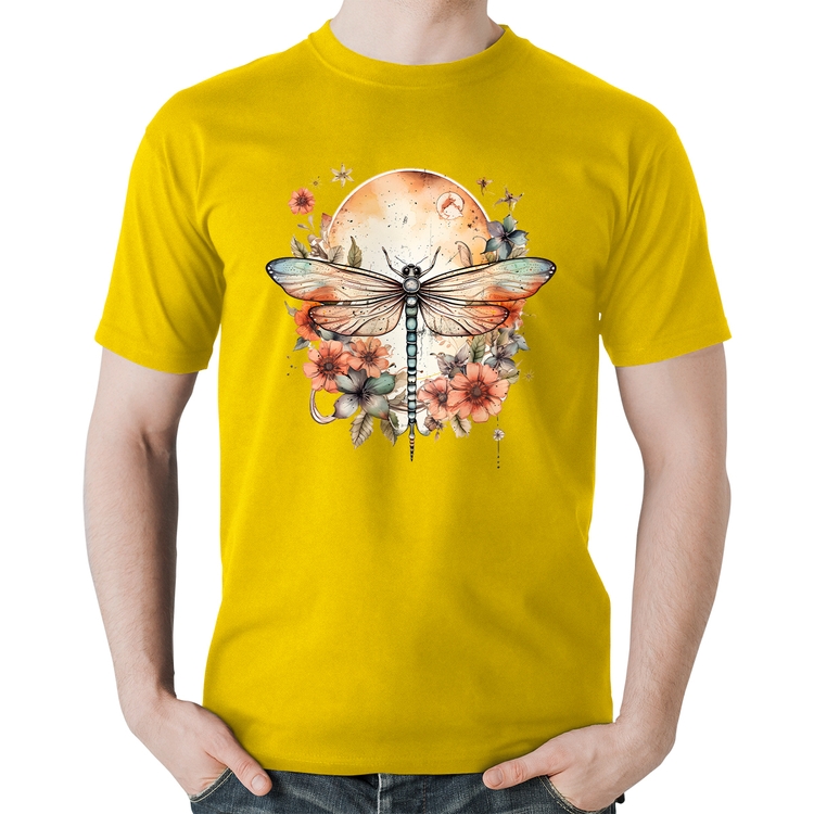 Camiseta Algodão Libélula, Lua e Flores - Amarela