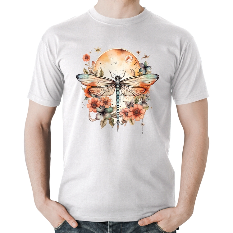 Camiseta Algodão Libélula, Lua e Flores - Branca