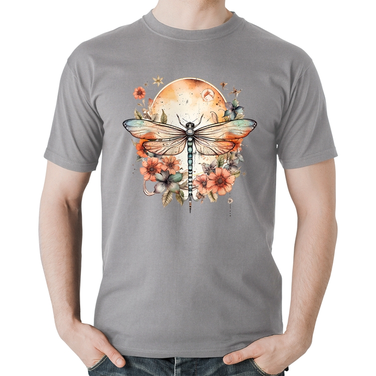 Camiseta Algodão Libélula, Lua e Flores - Cinza