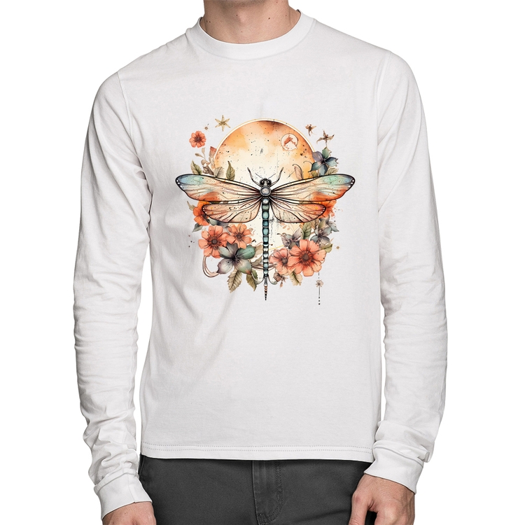 Camiseta Algodão Libélula, Lua e Flores Manga Longa - Branca