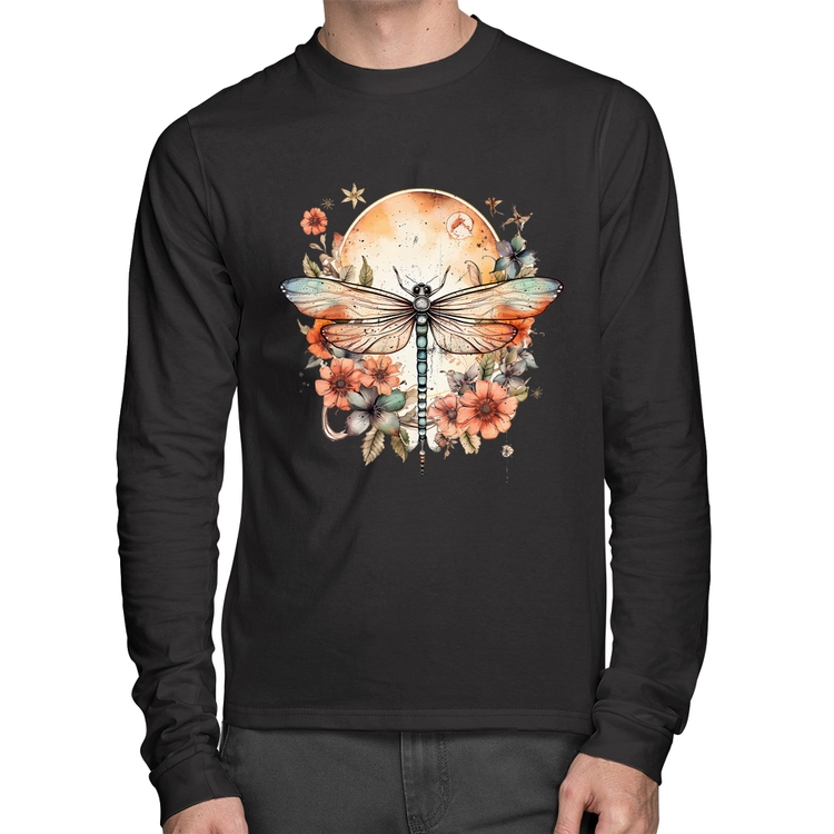 Camiseta Algodão Libélula, Lua e Flores Manga Longa