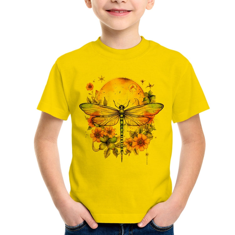 Camiseta Infantil Libélula, Lua e Flores - Amarela