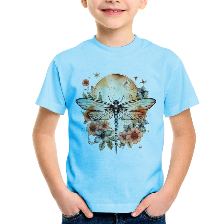 Camiseta Infantil Libélula, Lua e Flores - Azul Bebê