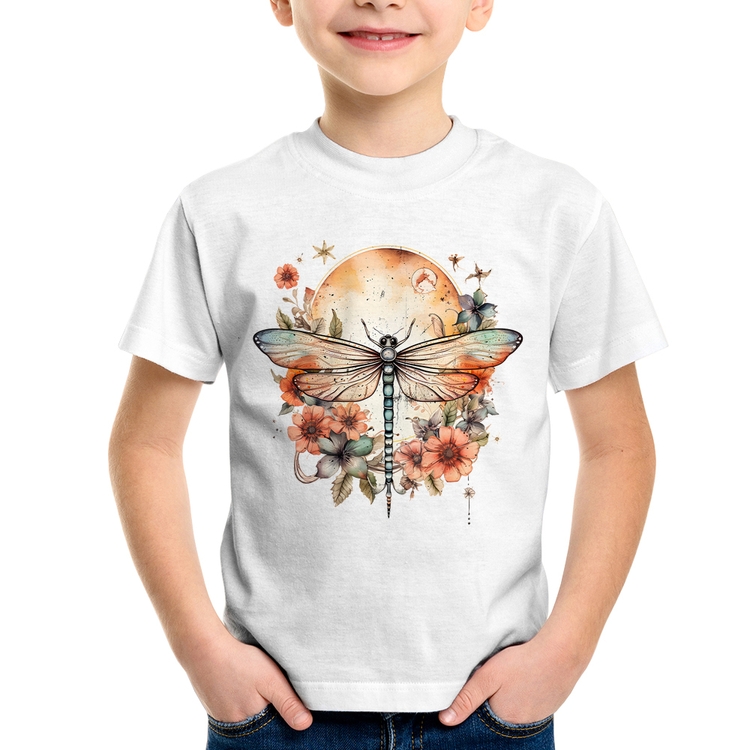 Camiseta Infantil Libélula, Lua e Flores